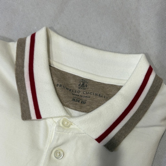 Brunello Cucinelli Other - Brunello Cucinelli Cream Polo with Red and Gray Striped Collar XL